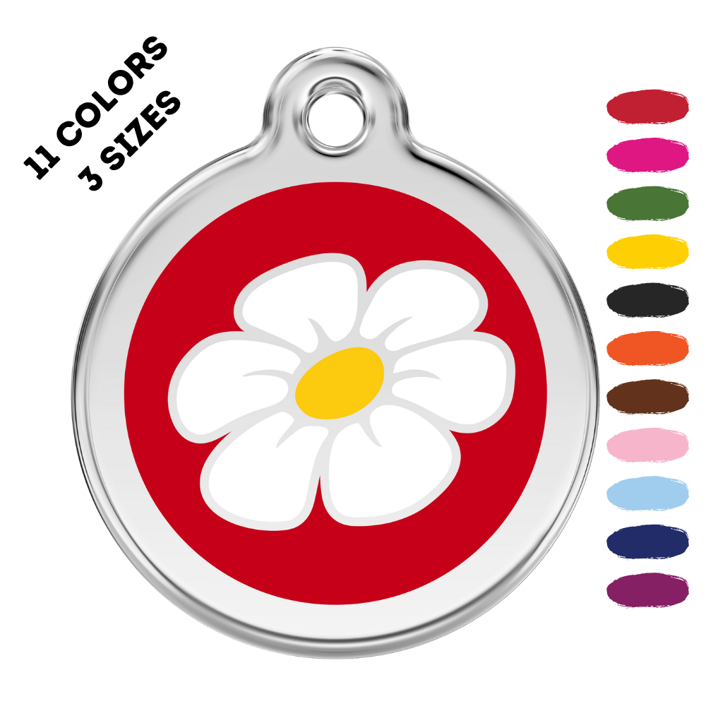 Daisy Flower Stainless Steel and Enamel Red Pet ID Tag