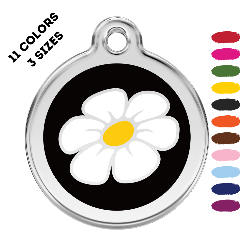 Daisy Flower Stainless Steel and Enamel Black Pet ID Tag