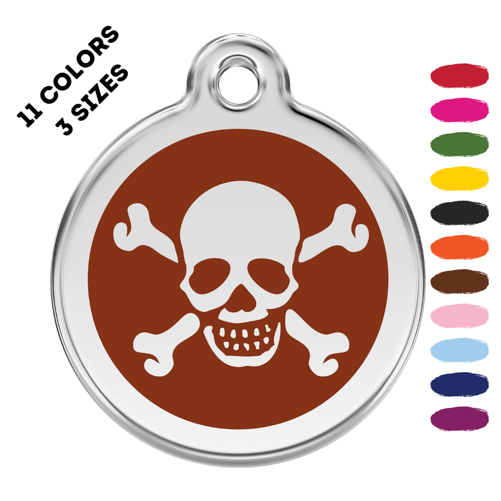 Skull And Cross Bones Stainless Steel And Enamel Brown Pet ID Tag