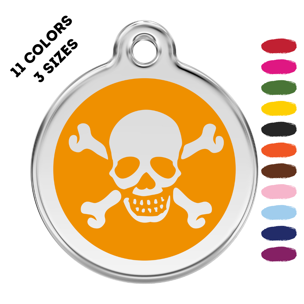 Skull And Cross Bones Stainless Steel And Enamel Orange Pet ID Tag